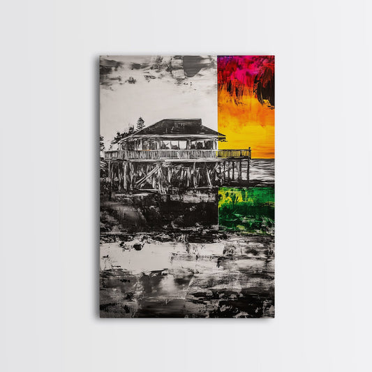 Pier House, Sunset Painting, Coastal Decor, Beach House Art, Framed Canvas Print, Living Room Wall Art, Nautical Theme, Abstract Home Decor