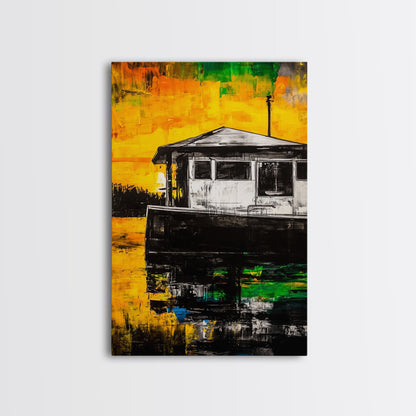 Houseboat Sunset, Coastal Painting, Warm Tones, Abstract Art, Framed Canvas Print, Living Room Wall Art, Waterfront Decor, Ocean Art