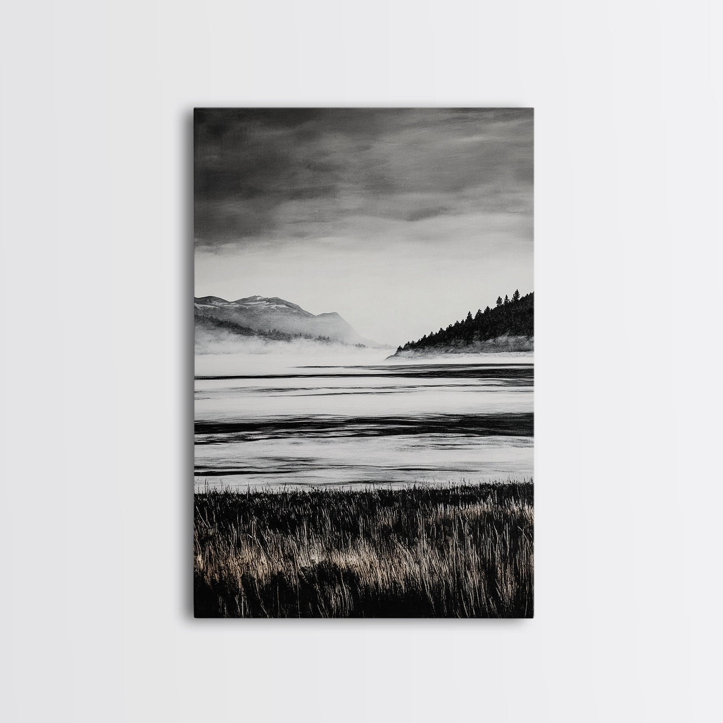 Serene Lake, Black and White Artwork, Misty Mountains, Nature Decor, Minimalist Landscape, Home Office Art, Canvas Print