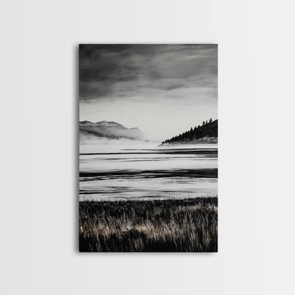 Serene Lake, Black and White Artwork, Misty Mountains, Nature Decor, Minimalist Landscape, Home Office Art, Canvas Print