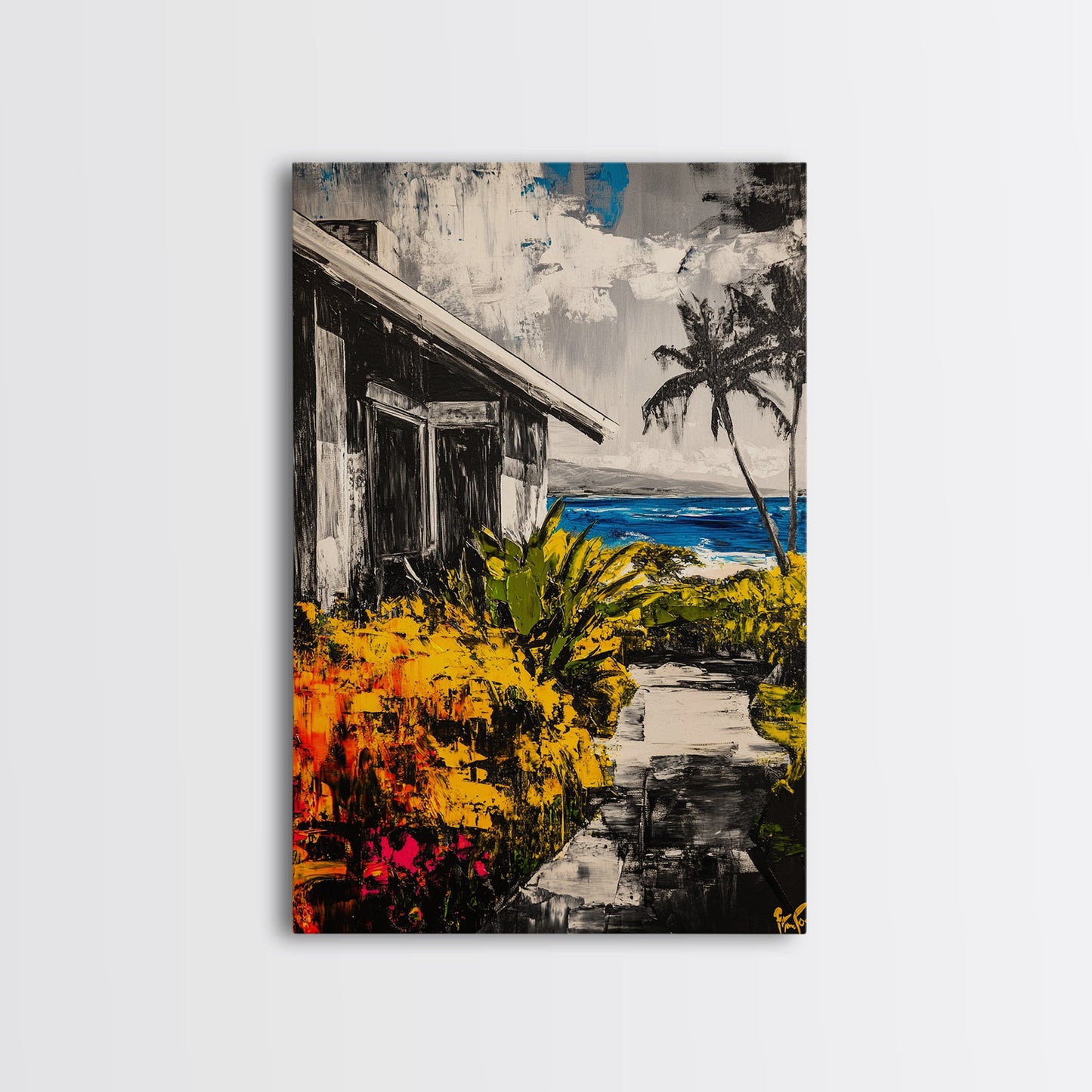 Beach House Path, Black White Coastal Art, Yellow Green Foliage, Tropical Landscape, Ocean Wall Decor, Beach Home, Framed Canvas Print