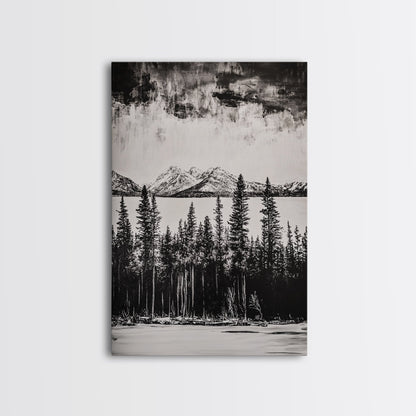 Mountain Serenity, Black and White Landscape, Nature Art, Tranquil Home Decor, Minimalist Painting, Office Artwork, Framed Canvas Print