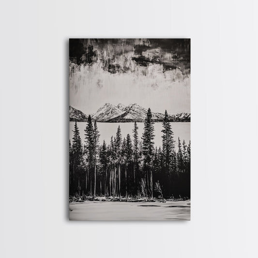 Mountain Serenity, Black and White Landscape, Nature Art, Tranquil Home Decor, Minimalist Painting, Office Artwork, Framed Canvas Print