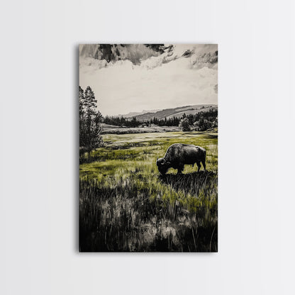Grazing Bison, Wildlife Art, Rustic Home Decor, Nature Inspired, Western Landscape, Monochrome Art, Cabin Wall Art, Framed Canvas Print