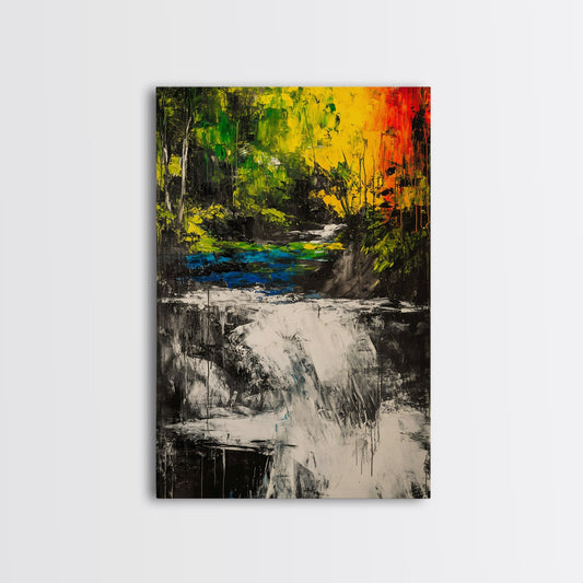 Waterfall Glow, Nature Art, Forest Landscape, Vibrant Painting, Modern Home Decor, Wilderness Retreat, Fall Wall Art, Framed Canvas Print