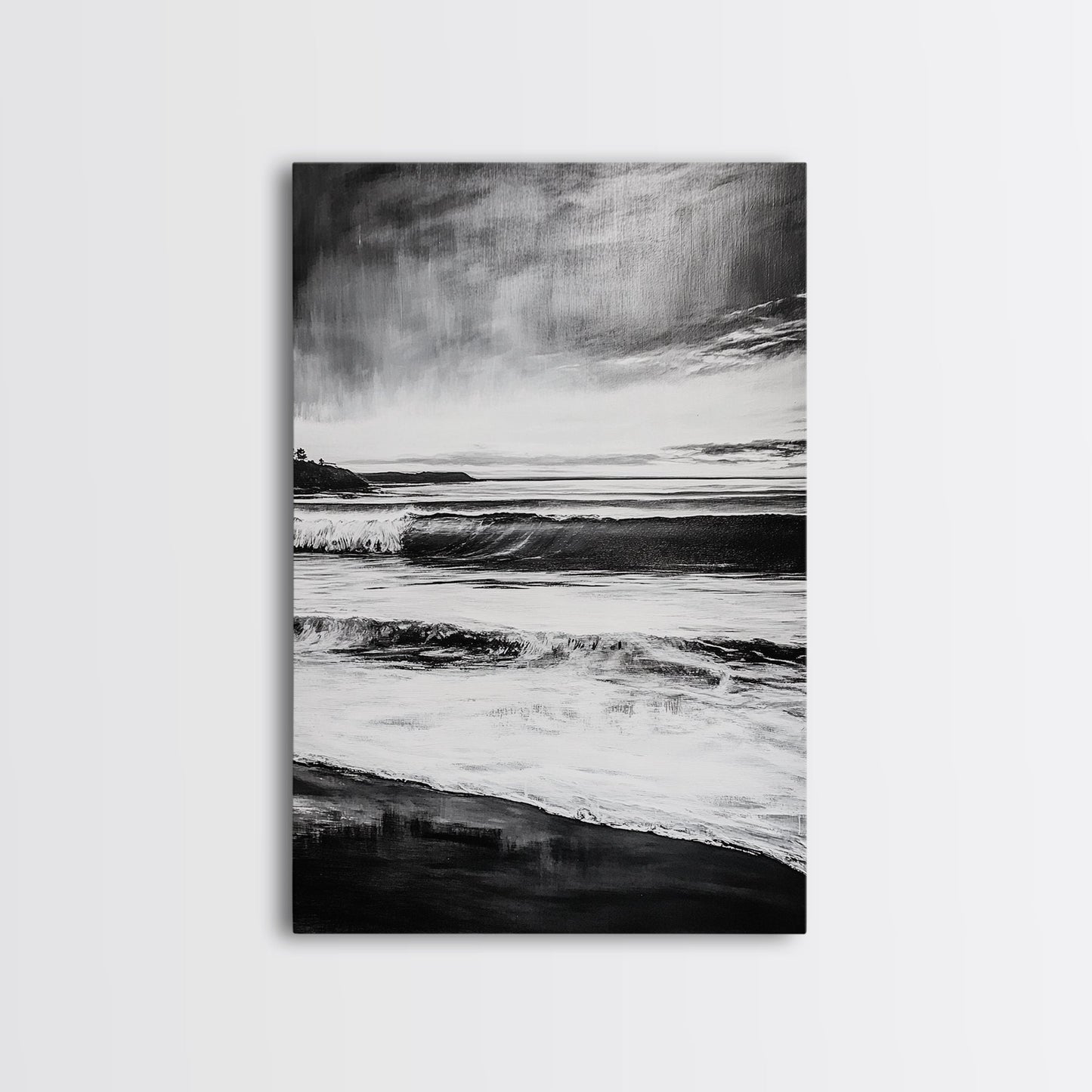 Black and White Waves, Ocean Painting, Dramatic Coastline, Minimalist Art, Framed Canvas Print, Modern Seascape, Contemporary Wall Art