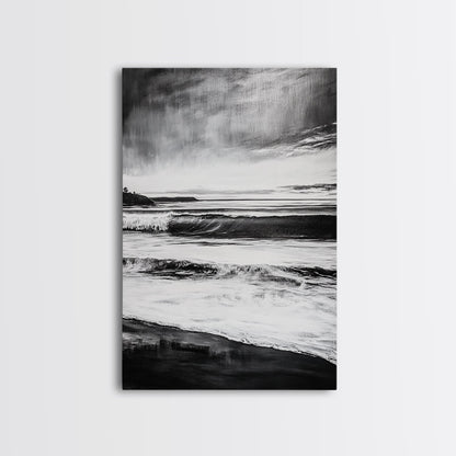 Black and White Waves, Ocean Painting, Dramatic Coastline, Minimalist Art, Framed Canvas Print, Modern Seascape, Contemporary Wall Art