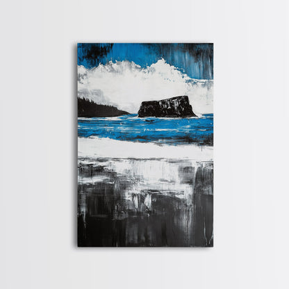 Ocean Cliff Seascape, Moody Coastal Art, Black White Blue Water, Modern Minimalist Wall Decor, Nautical Home Gift, Framed Canvas Print