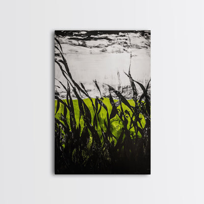 Minimalist Grass Field, Black White Green Nature Art, Abstract Farmhouse Wall Decor, Modern Simple Landscape, Framed Canvas Print