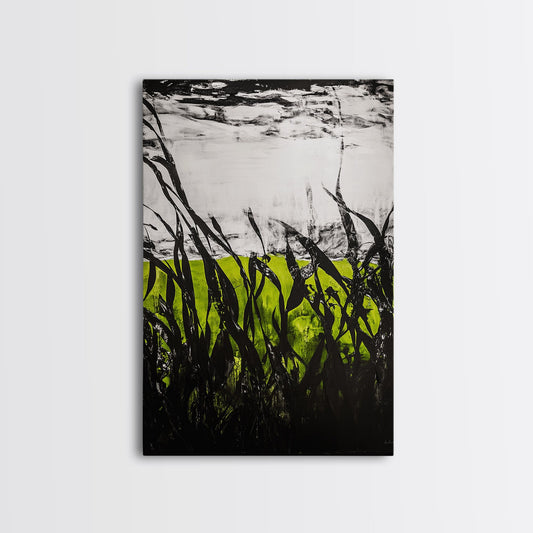 Minimalist Grass Field, Black White Green Nature Art, Abstract Farmhouse Wall Decor, Modern Simple Landscape, Framed Canvas Print