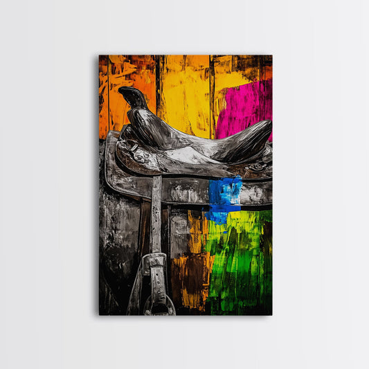 Western Saddle, Rustic Cowboy Art, Farmhouse Decor, Equestrian Wall Art, Country Home, Vintage Western, Framed Canvas Print, Gift Idea