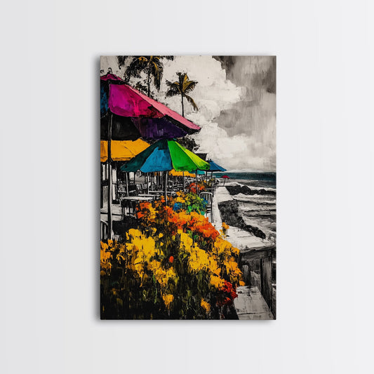 Colorful Cafe, Beachside Dining Art, Coastal Wall Decor, Vibrant Outdoor Scene, Summer Art, Living Room Art, Framed Canvas Print