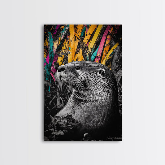 Otter Portrait, Wildlife Art, Colorful Nature, Framed Canvas Print, Animal Lover Gift, Boho Wall Art, Bedroom Wall Decor
