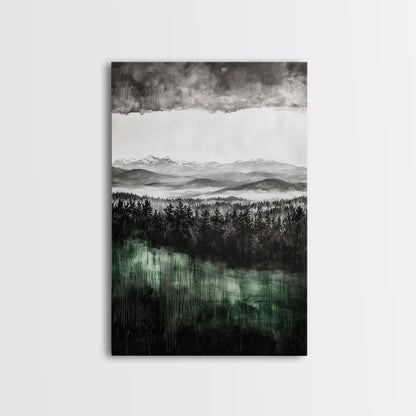Misty Mountains, Moody Wall Art, Rustic Home Decor, Cabin Wall Art, Neutral Aesthetic, Black and White, Framed Canvas Print