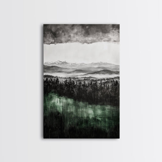 Misty Mountains, Moody Wall Art, Rustic Home Decor, Cabin Wall Art, Neutral Aesthetic, Black and White, Framed Canvas Print
