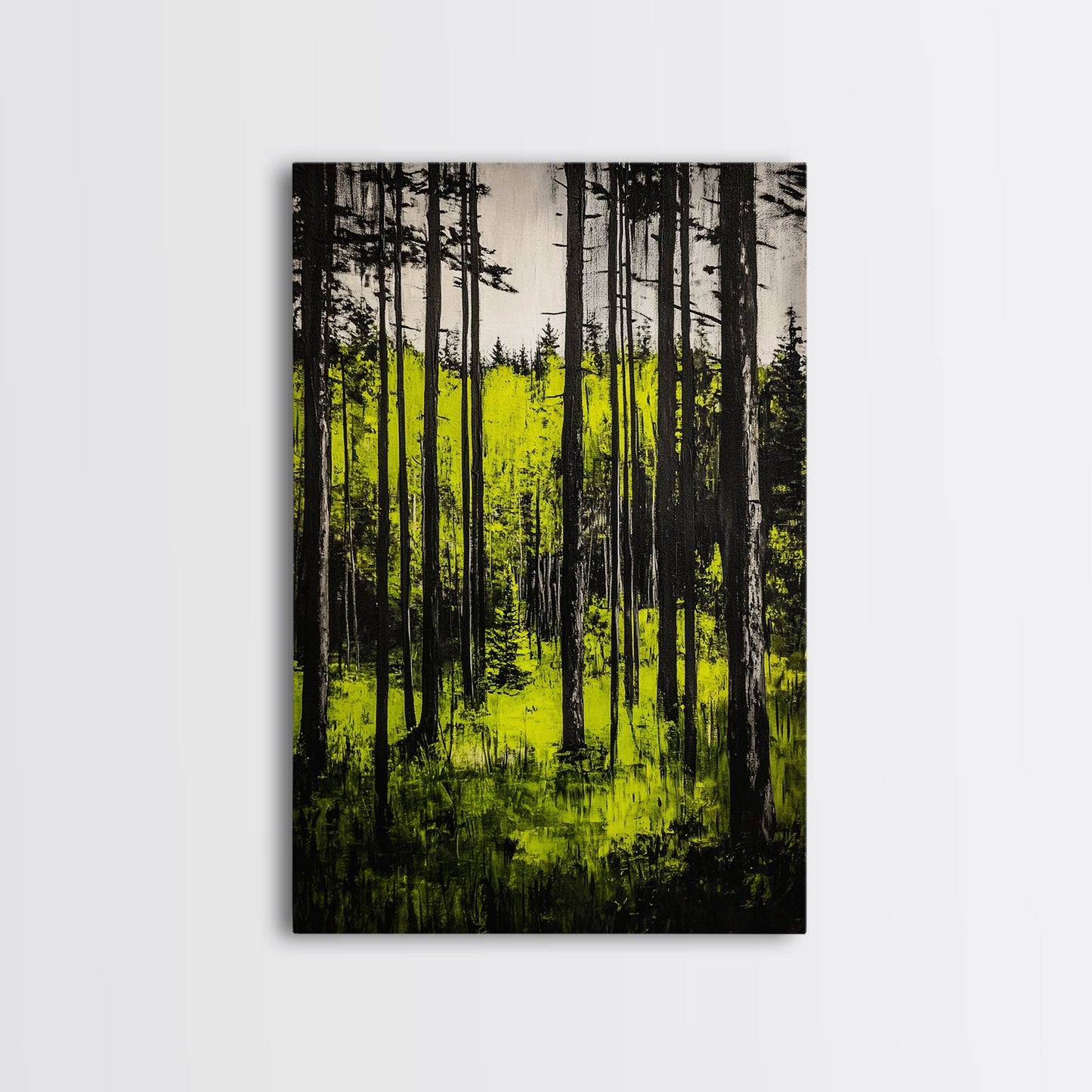 Forest Sunlight, serene nature painting, lush green forest, peaceful landscape wall art, calming home decor, framed canvas print, cabin art