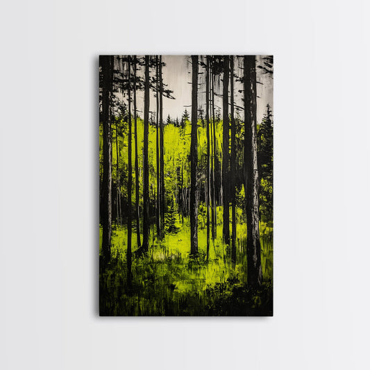 Forest Sunlight, serene nature painting, lush green forest, peaceful landscape wall art, calming home decor, framed canvas print, cabin art
