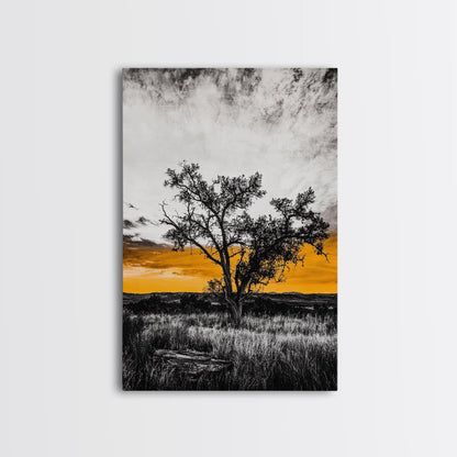 Lone Tree Sunset, dramatic landscape print, fall sunset art, rustic countryside decor, warm autumn painting, framed canvas print, hallway