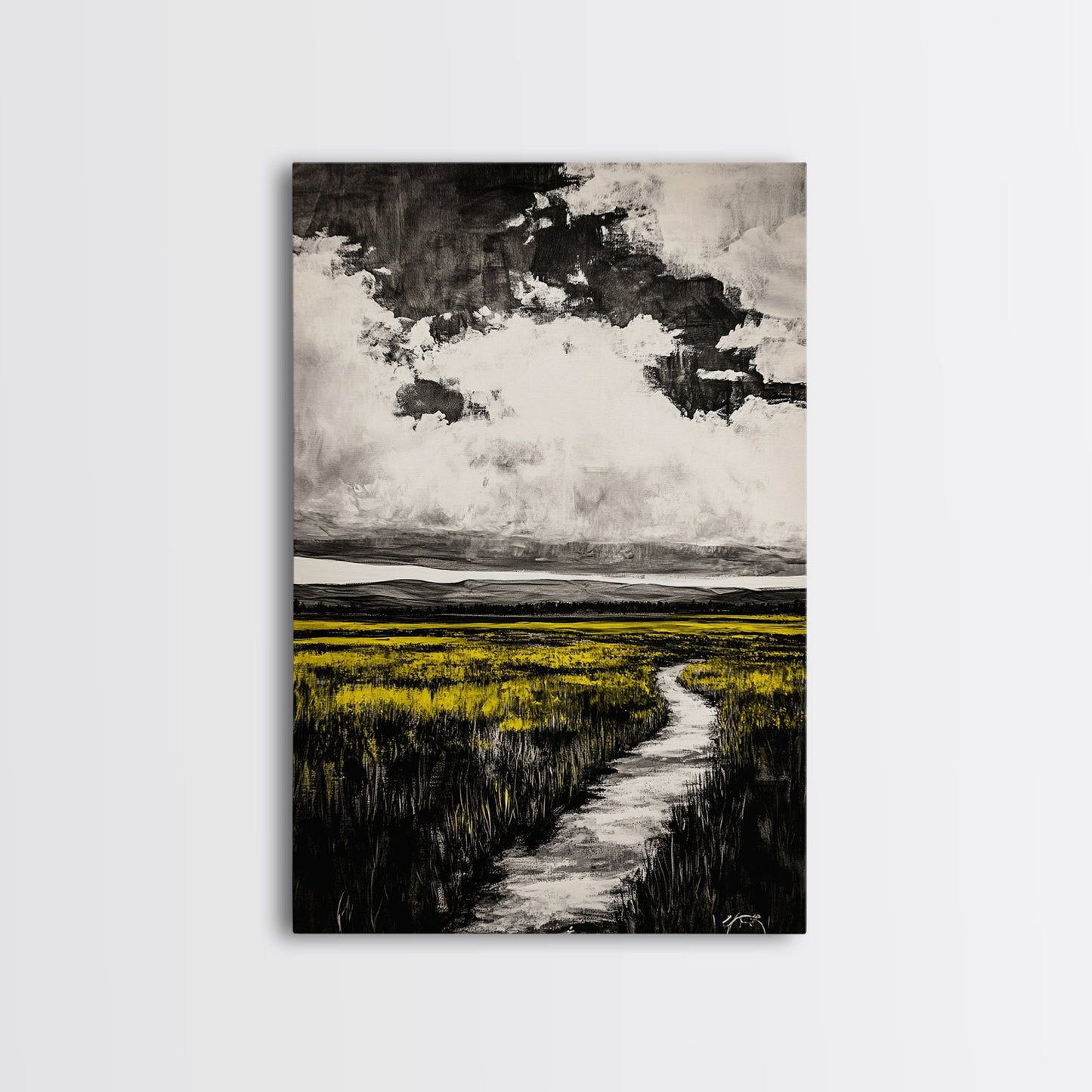 Field Pathway, dreamy landscape painting, country road art, scenic nature wall decor, calming yellow tones, framed canvas print, entryway