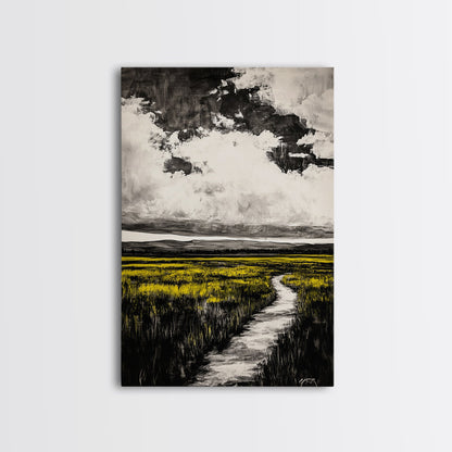 Field Pathway, dreamy landscape painting, country road art, scenic nature wall decor, calming yellow tones, framed canvas print, entryway