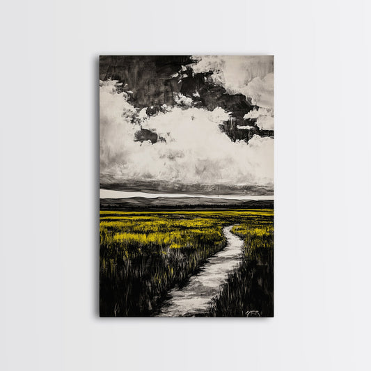 Field Pathway, dreamy landscape painting, country road art, scenic nature wall decor, calming yellow tones, framed canvas print, entryway