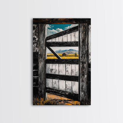 Barn Door View, Mountain Escape, Rustic Scene, Framed Canvas Print, Western Wall Art, Cabin Decor, Farmhouse Style, Country Living