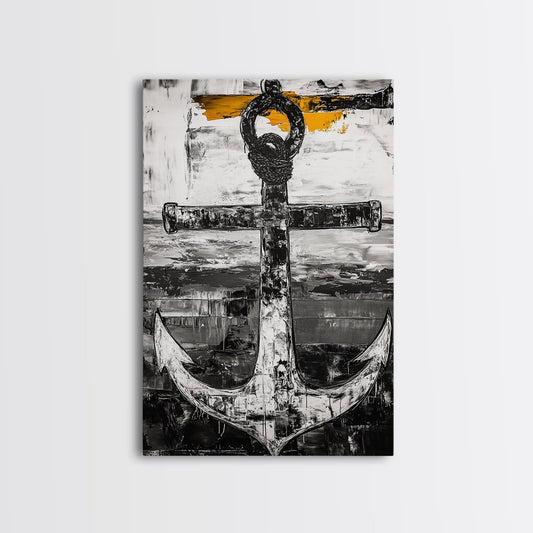 Nautical Anchor Art, Black White Coastal Decor, Rustic Ocean Wall Art, Vintage Maritime Art, Living Room Wall Decor, Framed Canvas Print