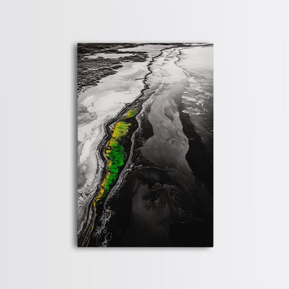 Abstract River, Nature Landscape, Modern Wall Art, Monochrome Print, Green Accents, Contemporary Art, Framed Canvas Print, Office Wall Decor