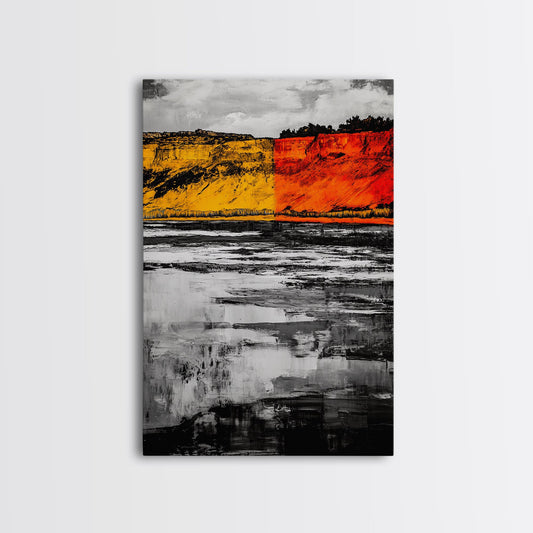 Autumn Cliffs, Seasonal Landscape, Fall Wall Art, Rustic Nature Print, Bold Orange and Yellow, Framed Canvas Print, Living Room Decor