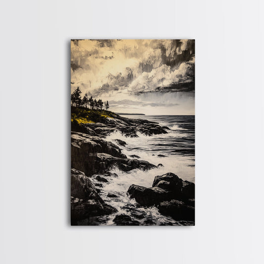 Stormy Coast, Black and White Seascape, Dramatic Ocean Painting, Nature Wall Art, Framed Canvas Print, Rustic Cottage or Living Room Decor