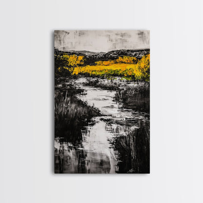 Black White Landscape, Yellow Trees, River Stream Art, Rustic Farmhouse Decor, Modern Nature Wall Art, Bedroom Wall Decor, Canvas Print