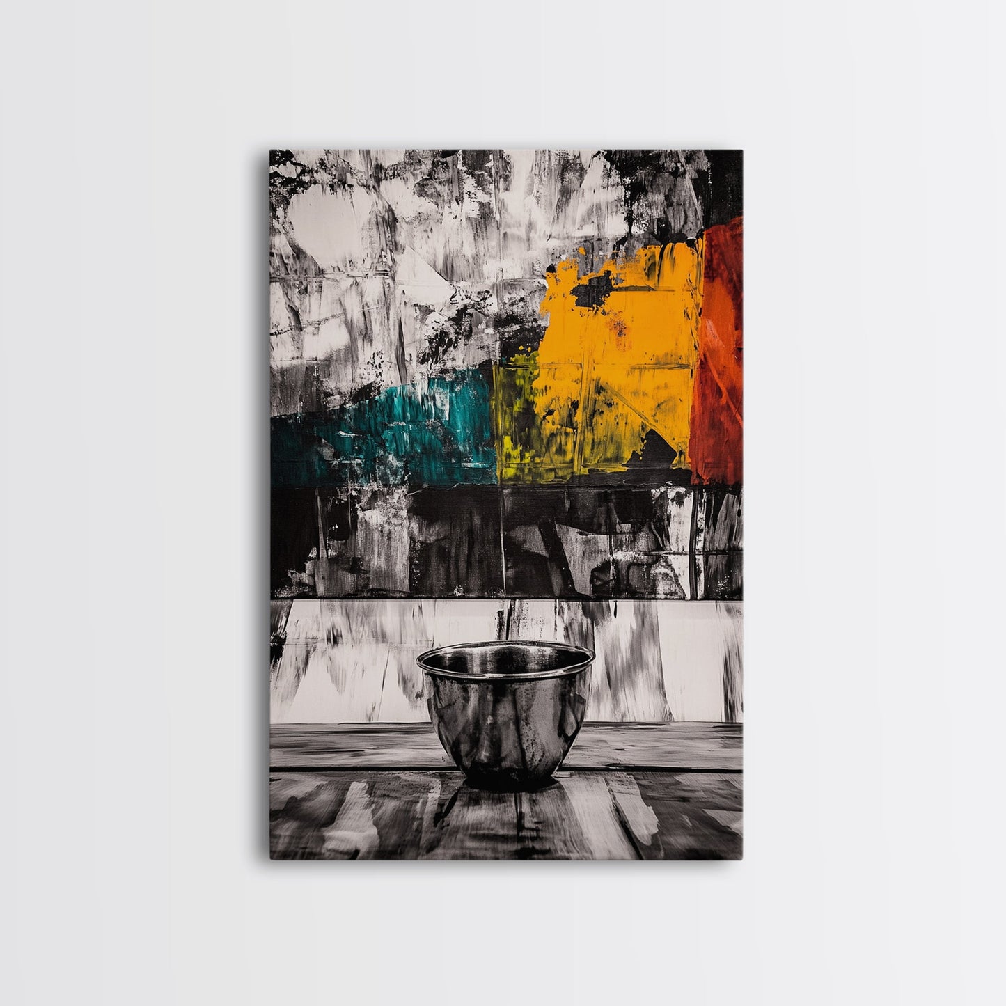 Metal Bowl, Industrial Kitchen Art, Abstract Still Life, Black and White Wall Decor, Modern Framed Canvas Print, Minimalist Aesthetic