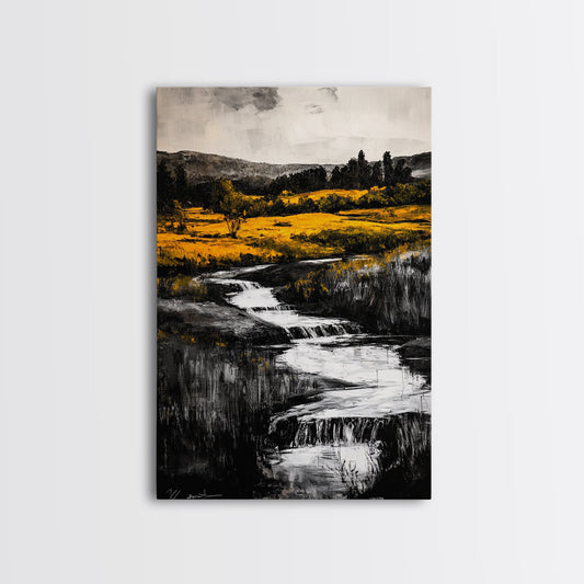 Golden Meadow, Nature Landscape, Rustic Wall Art, Framed Canvas Print, Country Farmhouse Decor, Waterfall Painting, Fall Vibes