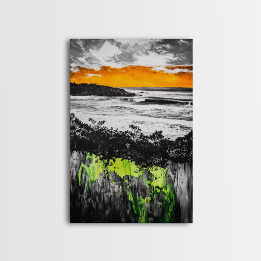 Sunset Ocean, Coastal Wall Art, Black White Seascape, Framed Canvas Print, Beach House Decor, Dramatic Sky, Nautical Artwork