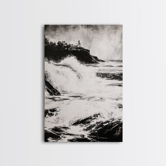 Ocean Waves, Seascape Painting, Framed Canvas Print, Beach House Decor, Nautical Wall Art, Black and White Art, Coastal Living Room