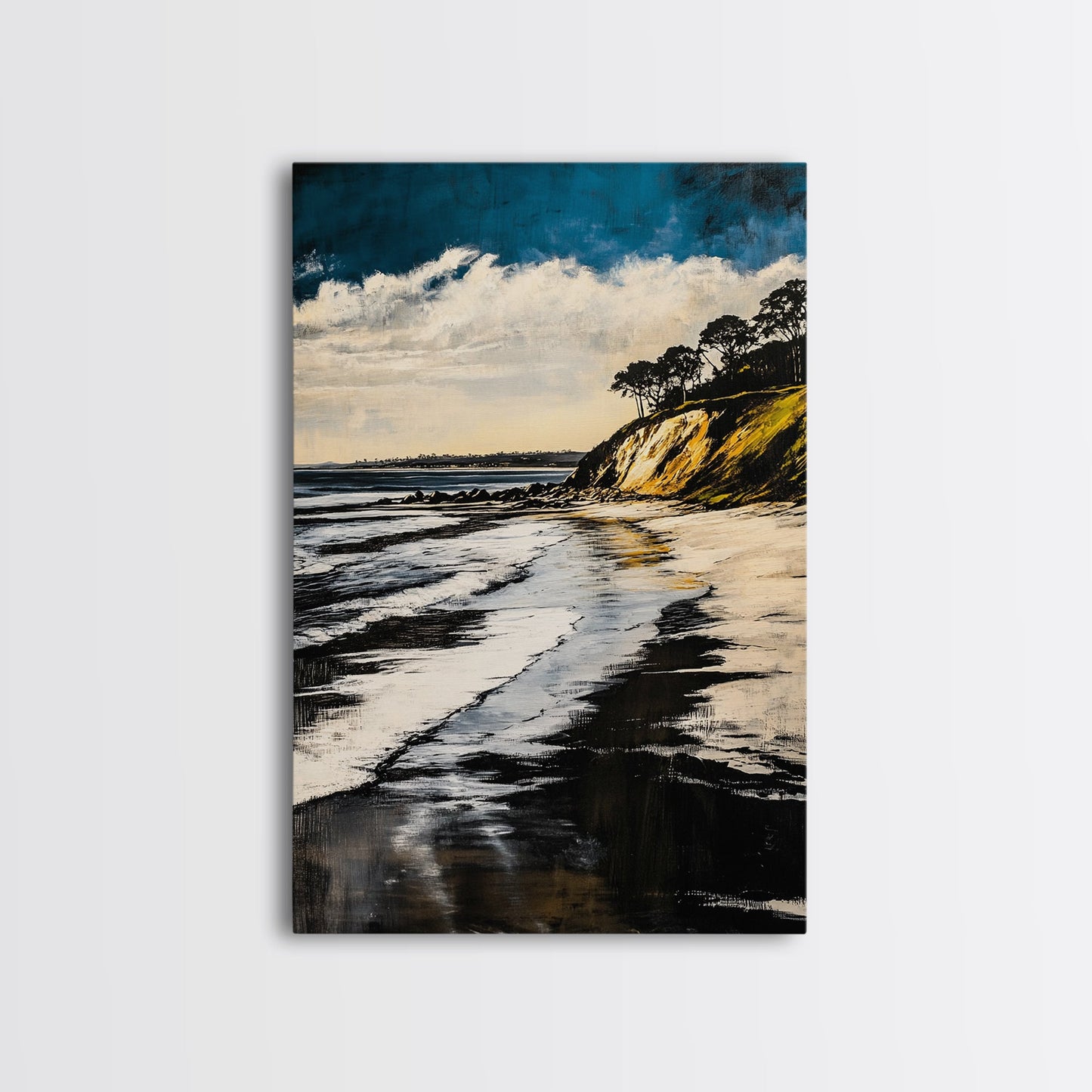 Sunset Beach, Cliffside View, Ocean Landscape, Nature Wall Art, Framed Canvas Print, Coastal Home Decor, Golden Hour, Serene Scene