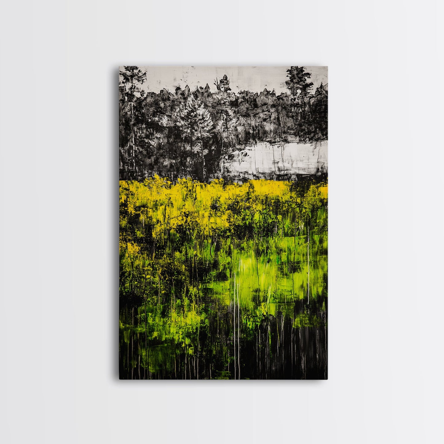 Wildflowers, Abstract Meadow, Colorful Landscape, Modern Wall Art, Framed Canvas Print, Boho Decor, Vibrant Nature, Yellow Green Art