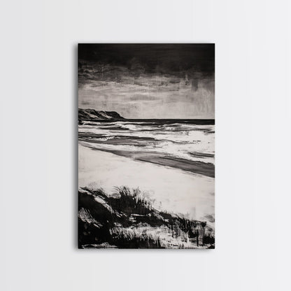 Black and White Beach, Stormy Ocean, Dramatic Seascape, Moody Wall Art, Framed Canvas Print, Minimalist Decor, Coastal Storm