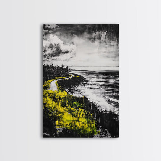 Coastal Road, Ocean View, Yellow Grass, Canvas Print, Scenic Landscape, Rustic Wall Art, Beach House Decor, Nature Painting