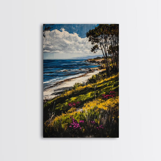 Beach Path, Wildflowers, Ocean Horizon, Framed Canvas Print, Nature Wall Art, Coastal Home Decor, Cottagecore Aesthetic, Summer Art
