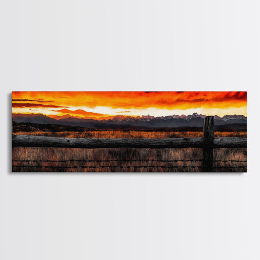 Western Sunset, Mountain Landscape Print, Rustic Cowboy Art, Dramatic Sky Painting, Country Wall Decor, Framed Canvas Print, Large Wall Art