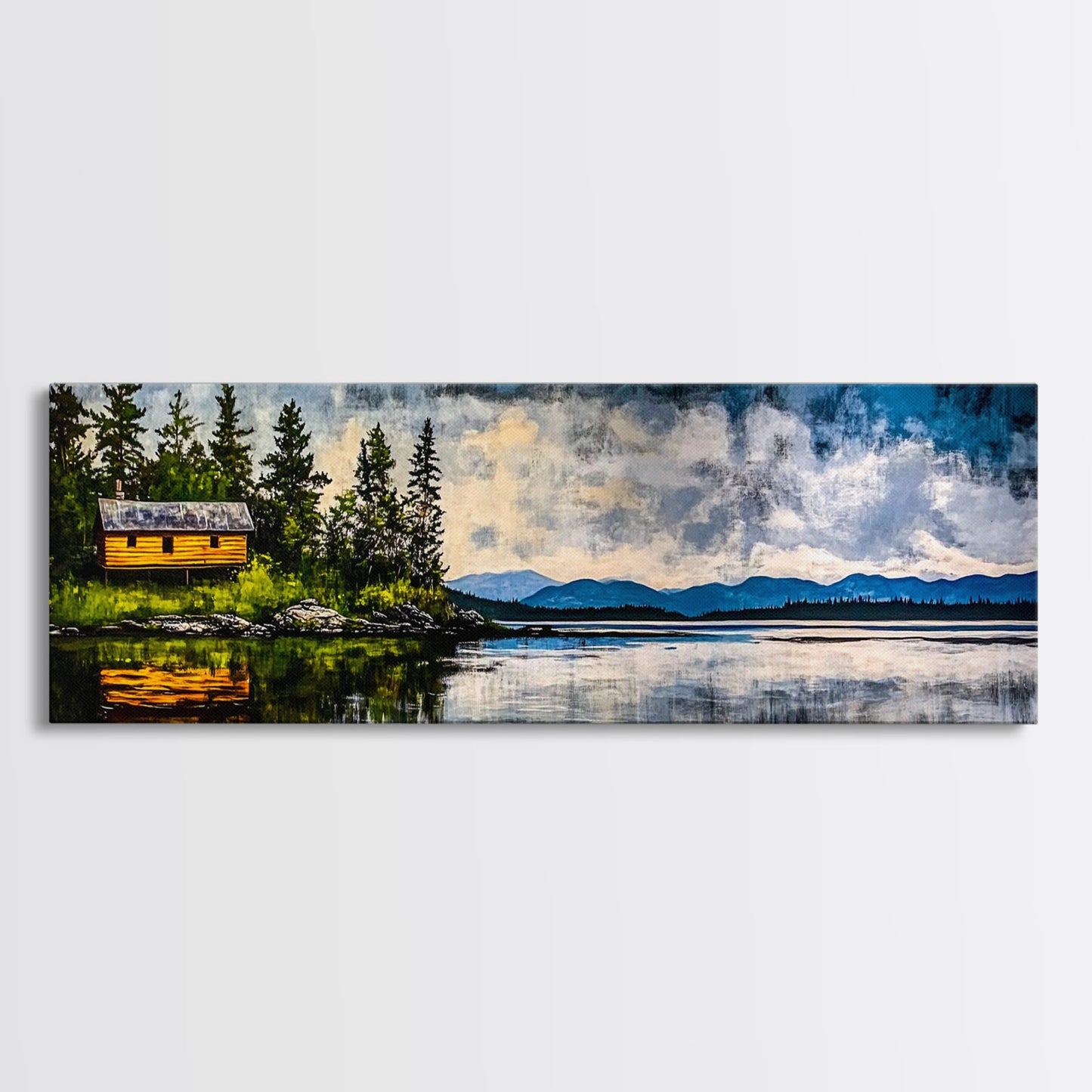 Cabin on the Lake, Peaceful Landscape, Nature Lover Art, Framed Canvas Print, Mountain View, Serene Wall Decor, Scenic Painting