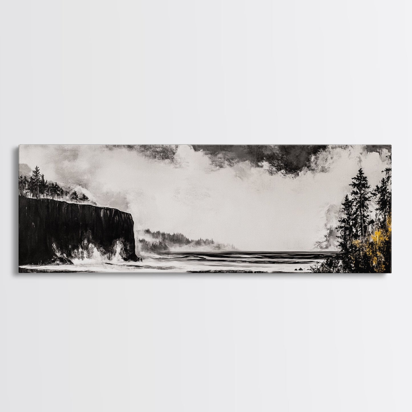 Steilküste, dramatisches Meerespanorama, stimmungsvolle Küste, monochrom, gerahmter Leinwanddruck, Küsten-Wandkunst, nautische Dekoration, großes Wandbild