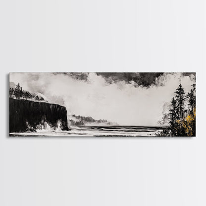 Steilküste, dramatisches Meerespanorama, stimmungsvolle Küste, monochrom, gerahmter Leinwanddruck, Küsten-Wandkunst, nautische Dekoration, großes Wandbild