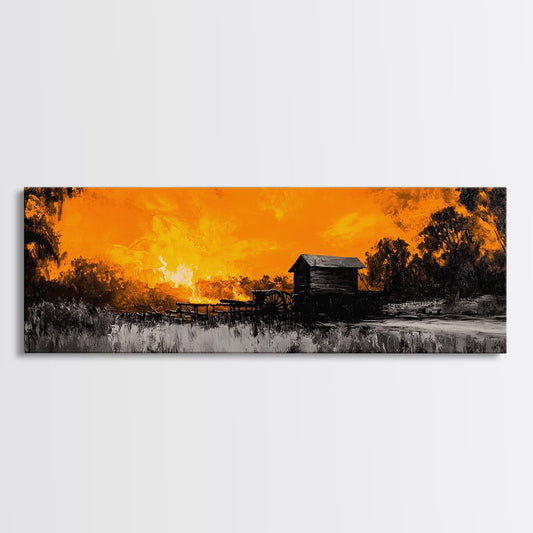 Farm Sunset, Old Barn, Fiery Sky, Rustic Landscape, Framed Canvas Print, Country Wall Art, Western Home Decor, Harvest Season Artwork
