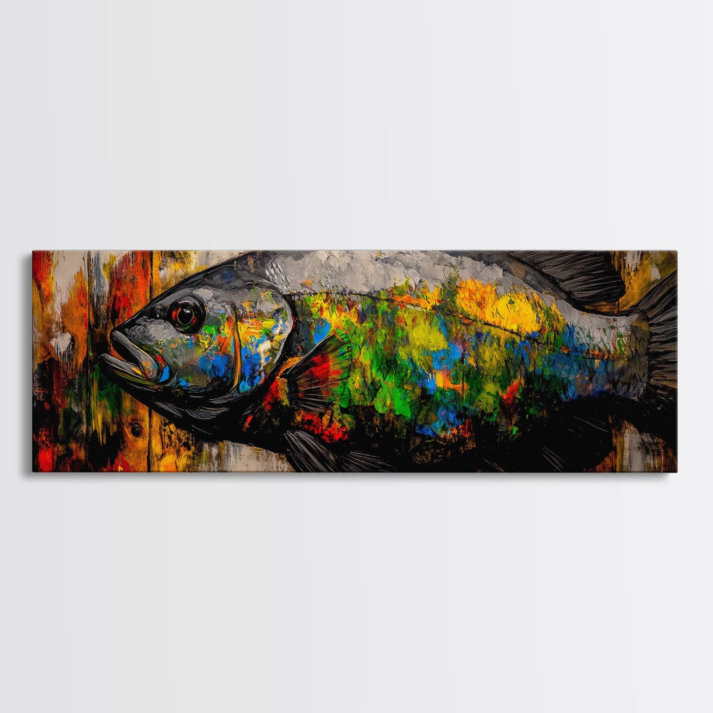 Colorful Fish, Rustic Wood, Vibrant Art, Wildlife Painting, Framed Canvas Print, Nature Wall Art, Fishing Cabin Decor, Unique Gift Idea