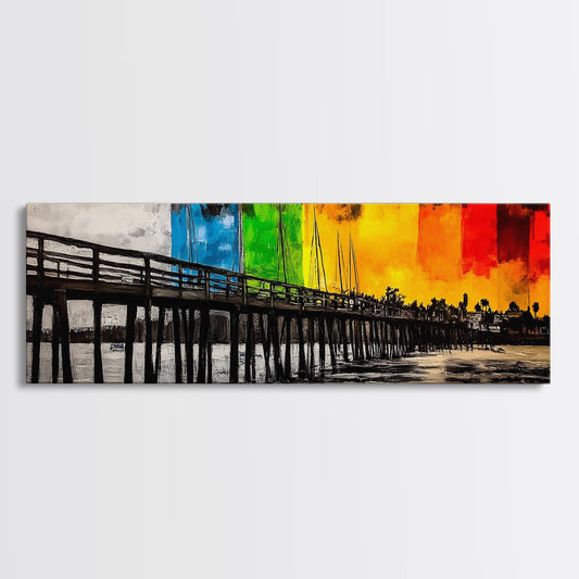 Coastal Pier, Abstract Sky, Colorful Sunset, Ocean Reflection, Framed Canvas Print, Beach House Wall Art, Nautical Decor, Vibrant Artwork