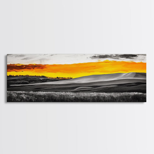 Golden Hills, Sunset Landscape, Framed Canvas Print, Fall Wall Art, Rustic Home Decor, Modern Nature Artwork, Living Room Painting, Bold Colors