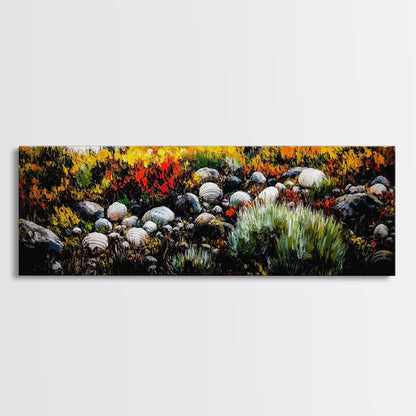 Rocky Shoreline, Wildflowers, Coastal Landscape, Framed Canvas Print, Autumn Beach Scene, Rustic Nature Painting, Entryway Wall Art