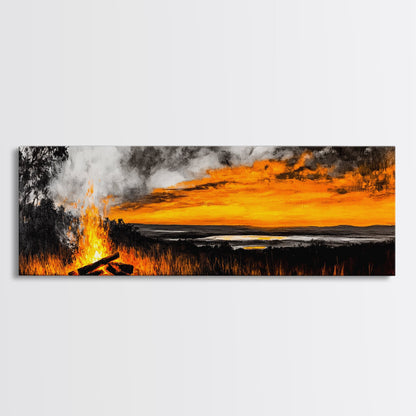 Sunset Bonfire, Rustic Art, Cozy Cabin Decor, Canvas Print, Fall Landscape, Nature Wall Art, Warm Glow Artwork, Mountain Retreat Art
